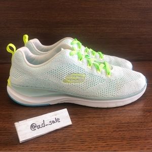 Skechers Lite-Weight Ultra Groove Women White/Blue/Yellow Neon Sneakers Sz 10